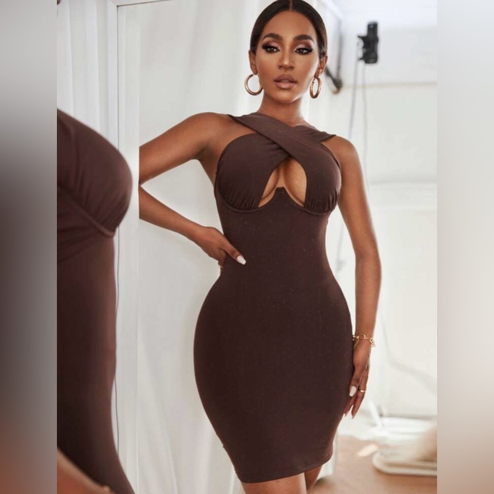 SHEIN Chocolate Brown Cutout Bodycon Mini Dress
